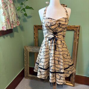 NWT Vintage-Style Music Note Halter Dress XL Back Tan Treble Clef Tulle Retro